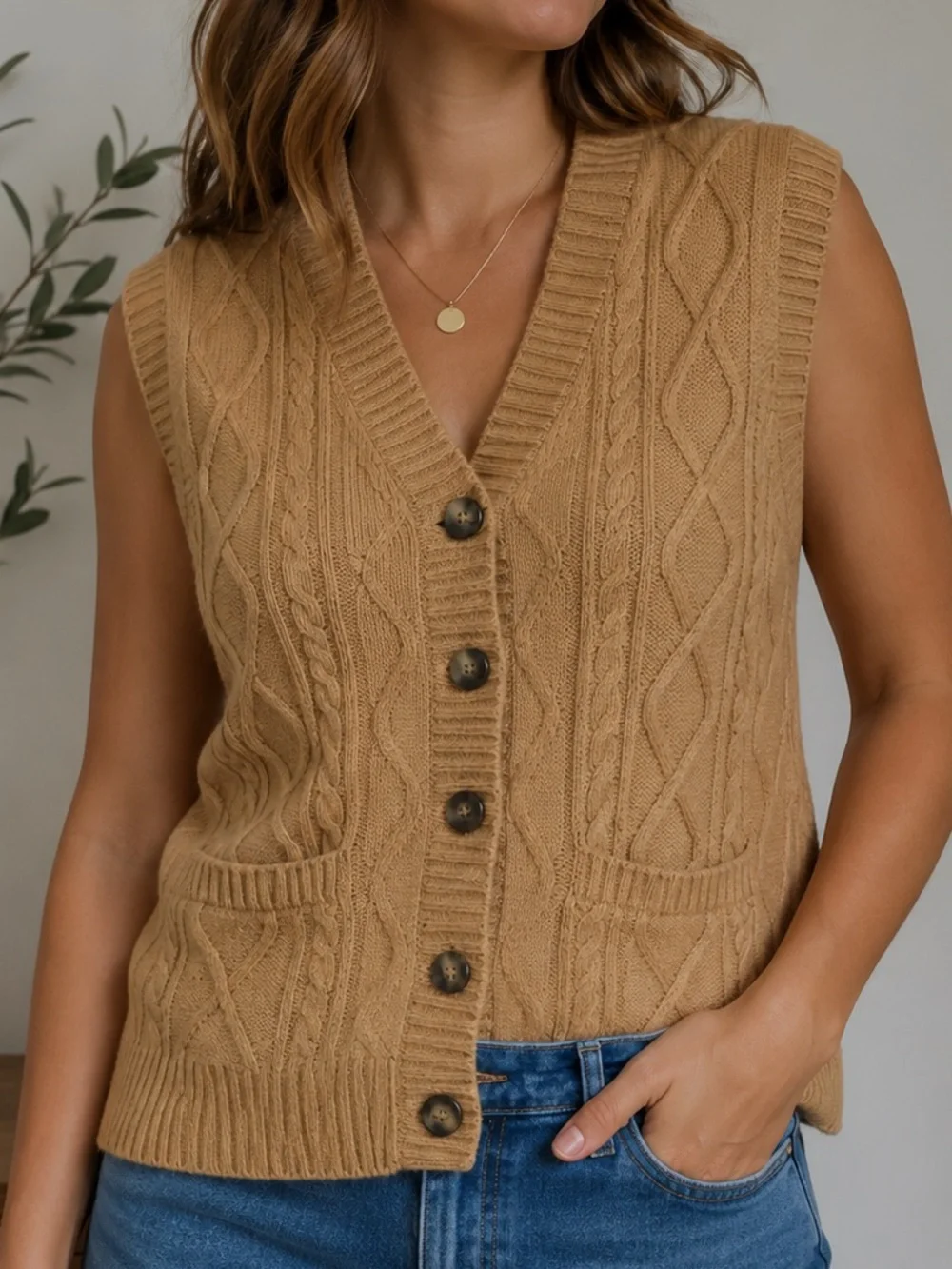 Charter Club Cable Knit Sweater Vest Medium Camel Button Front Pockets Vintage